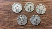 5 90% silver Standing Liberty quarters: