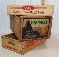 3 wooden advertising crates including Pepsi,