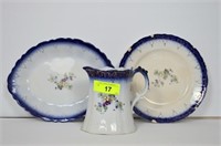 Antique Flo Blue Pitcher & 2 Plates