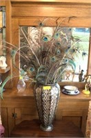 Large Metal Vase with Peacock Feathers