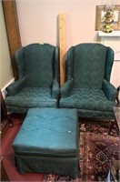 Pair of Green Flame Stitch Broyhill Wing Chair