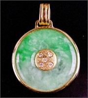 Chinese Green Jadeite Gilt Bezel Pendant