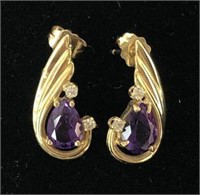 14K Gold Earrings with Purple & Clear Stones