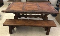 Rustic Wood Trestle Base Dining Table and Bench