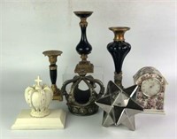 Assortment of Candlestick Holders, Clock & Crown