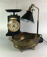 Clock, Desk Lamp and Decorative Brass Bowl