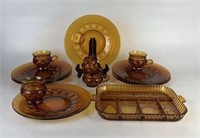 Amber Glass Snack Plates, Cups and Divided Tray