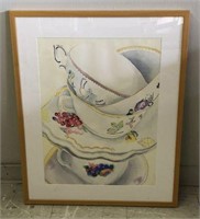 Framed Tea Cups Watercolor Signed by Edward Earle
