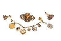 VINTAGE CHARM BRACELET, BROOCH & FOB