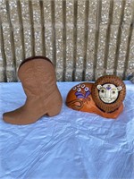 FRANKOMA pottery boot & colorful lion piggy bank