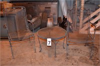 2 IRON CHAIRS & IRON END TABLE