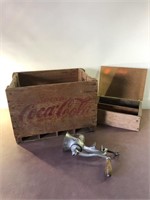 Coke box, wooden box, meat grinder