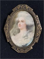 Antique Marie Antoinette portrait brass brooch