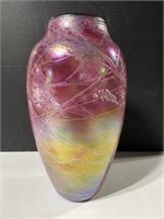 Large vintage pink iridescent glass vase