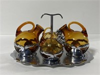 Vintage Krome Kraft amber glass cruet & S&P tray
