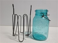 Blue glass Ball Ideal jar with wire stand