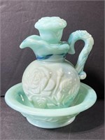 Vintage aqua swirl milk glass perfume pitcher/bowl