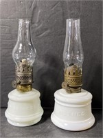 Pair of antique duchess & nutmeg mini oil lamps