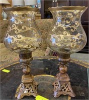 2 WOOD/IRON CANDLE HOLDERS W/ ETCHED GLOBES