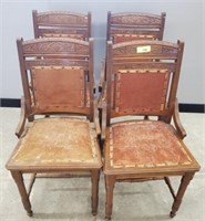 4 WOODEN CHAIRS-SEATS NEED CLEANING/SHOW WEAR
