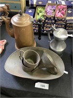 Coffee pot, pewter pitcher, tin cups, funnel.