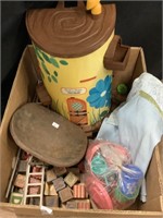 Tin treehouse toy, blocks, plastic tea set,