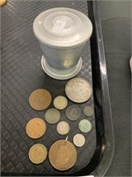 Foreign Coin Lot and Travel Cup.
