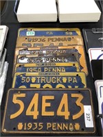 7 vintage Pa license plates, 1930’s, ‘40’s, 50’s.