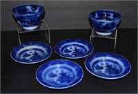 Lot of 6 Early Victorian Flow Blue Dishes