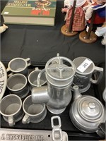 Pewter teapot, S&P, cups, mug.;