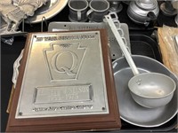 Quaker Alloy plaque, pewter plates, pan, ladle,