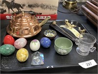 Copper teapot, egg asst, Asian figures, mini