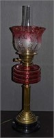 Antique Electrified Oil Lamp w/ Cranberry Shade