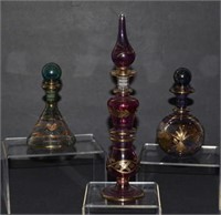 3 Ornate Handblown Egyptian Glass Perfume Bottles