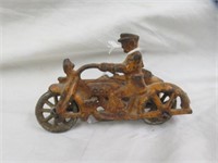 VINTAGE CAST IRON MOTORCYCLE WITH SIDECAR TOY