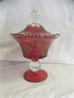 ETCHED CRANBERRY COVERED CANDY DISH 10"T