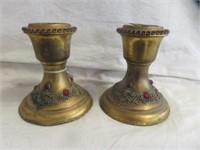 PAIR METAL JEWELED CANDLEHOLDERS 6"T