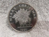 1 TROY OZ .999 FINE SILVER "1991 MERRY CHRISTMAS"