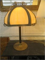 ORIGINAL EARLY BRASS AND SLAG GLASS PARLOR LAMP