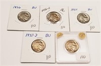 1936, ’36-S, ’37, ’37-D, ’38-D Nickels AU-BU