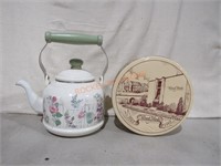 Tea Kettle And Advertising Tin, Wood Mode;