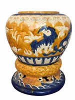 Huge Asian Motif Ceramic Pot and Stand