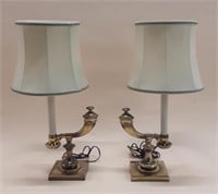 PAIR OF "POWDER HORN" BRASS LAMPS