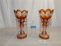 Bohemian Cut Glass Amber Mantle Lustres Pair