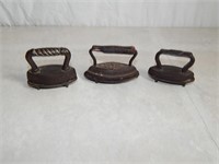 Set of 3 Antique Miniature sad Irons & Trivets