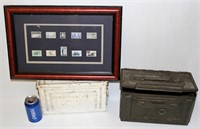 2 Military Ammo Boxes & Framed Stamps