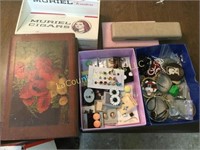 assorted costume jewelry & wood box