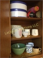 3 shelves items  enameled coffee cups