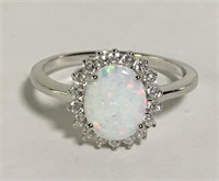 Sterling Silver, Opal And Clear Stone Ring