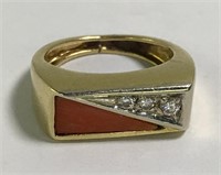 18k Gold, Diamond And Coral Ring